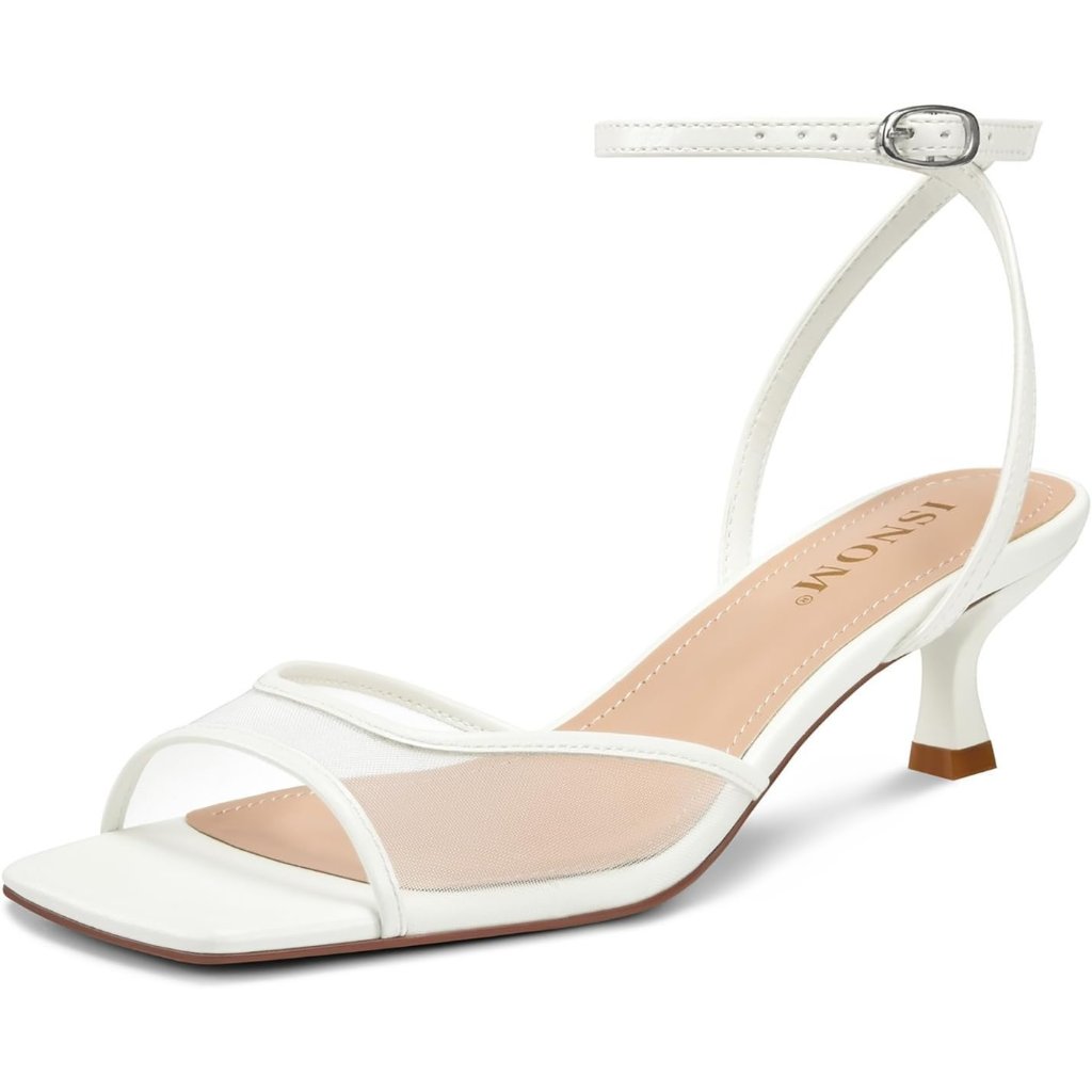 Women's Strappy White Mesh Kitten Heels Sandals Square Toe Buckle Strap Low Heel
